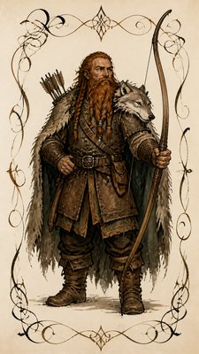 full-body original character: a dwarven ranger with a braided auburn beard, worn leather armor, a longbow and a wolf-pelt cloak, neutral background, no text