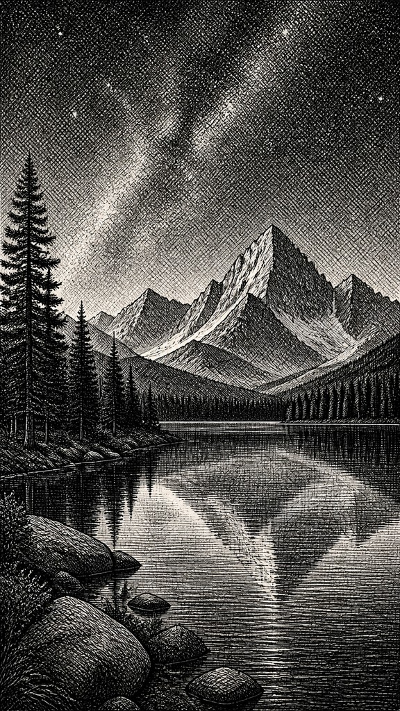a tranquil mountain lake beneath a starry night sky, no people, no text