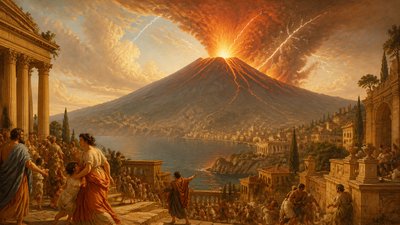 an erupting volcano with lightning strikes, dramatic wide composition, no text