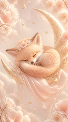 a sleeping baby fox curled on a crescent moon among soft stars, gentle and warm, no text