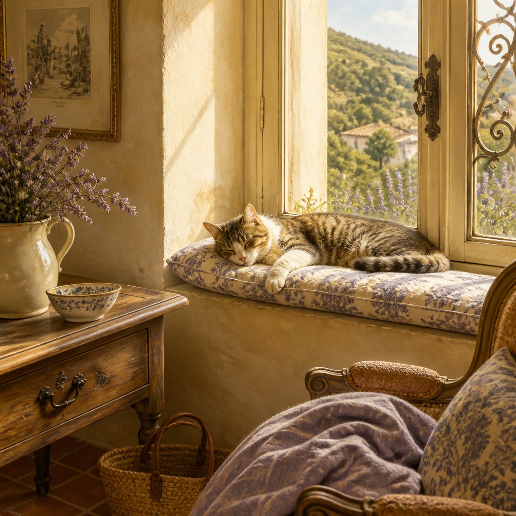 a cat lounging in a sunlit window — French Country Interior Design