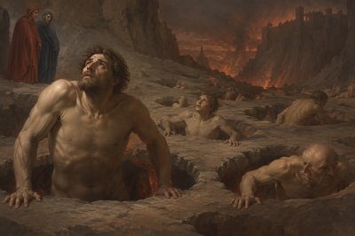 figures climbing out of holes in hell from Divine Comedy by Dante 