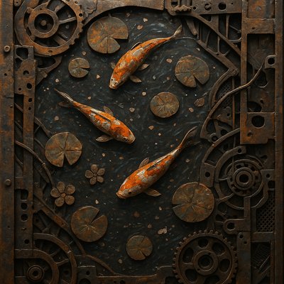 A koi pond seen from above, orange and white koi fish swimming among lily pads, clear water with subtle ripples, fallen cherry blossom petals floating on the surface, dappled sunlight