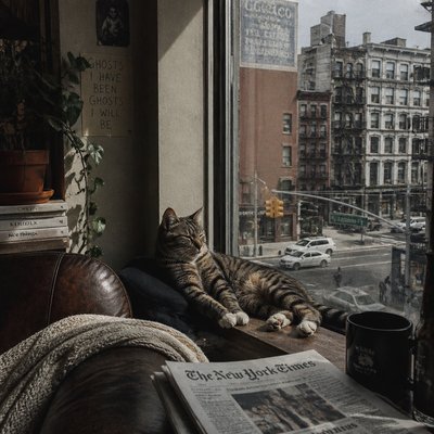 a cat lounging in a sunlit window