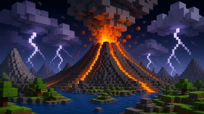 an erupting volcano with lightning strikes, dramatic wide composition, no text