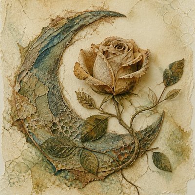 a rose entwined with a crescent moon, clean balanced composition on a plain background, no text