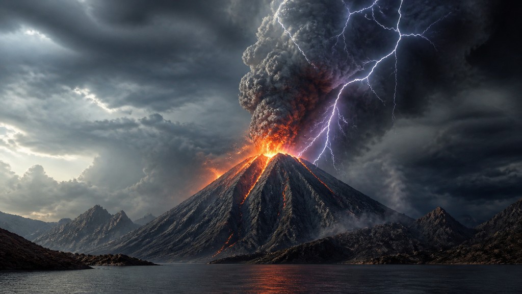 an erupting volcano with lightning strikes, dramatic wide composition, no text