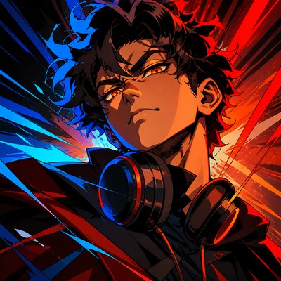 head-and-shoulders portrait of an original character: a young man with curly dark hair and headphones around his neck, plain backdrop, no text