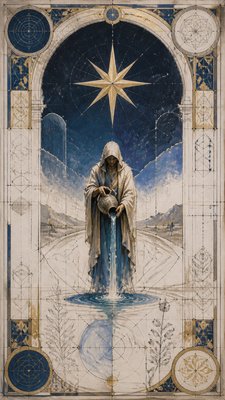a robed figure pouring water beneath a large eight-pointed star in a night sky, symmetrical composition with an ornate decorative border, no text