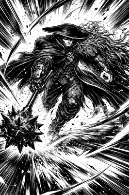 a black and white drawing of a man with a sword