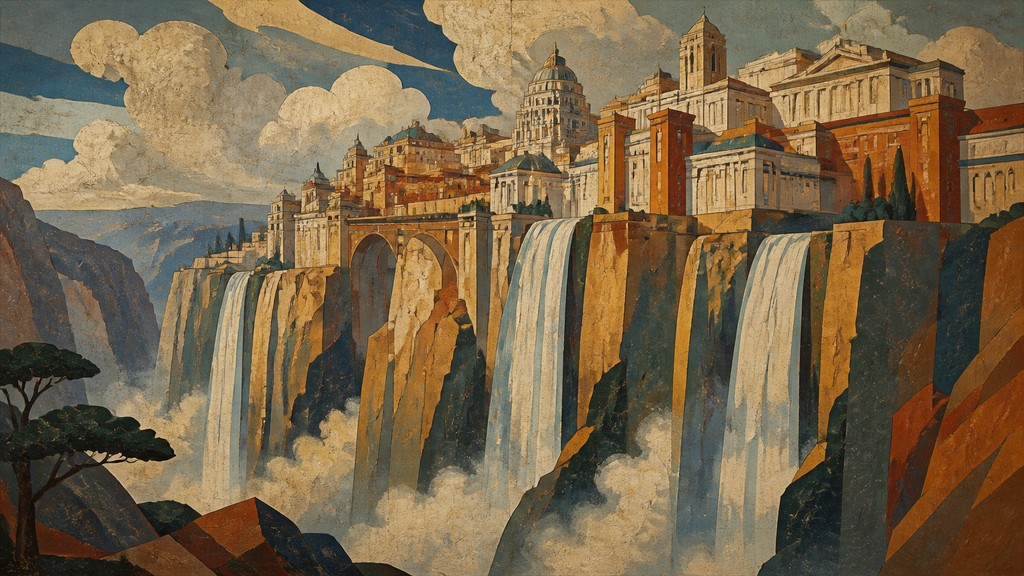 a cliffside city with waterfalls cascading into a misty canyon, wide establishing shot, no people, no text