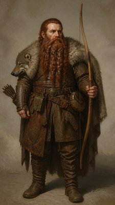 full-body original character: a dwarven ranger with a braided auburn beard, worn leather armor, a longbow and a wolf-pelt cloak, neutral background, no text