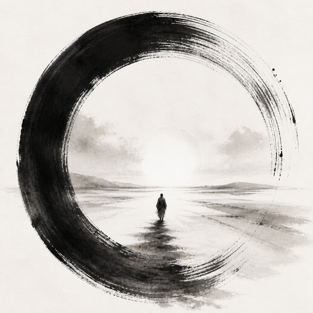 a solitary figure walking toward a glowing horizon across an empty plain, moody atmosphere, no text or lettering