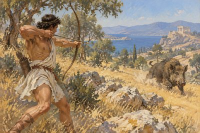 ancient greek athlete shooting a wild boar with bow and arrow