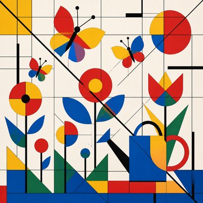 a garden scene with butterflies, flowers and a watering can, clean uncolored line art, no text