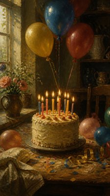 a birthday cake with lit candles surrounded by balloons and confetti, festive vertical composition, no text