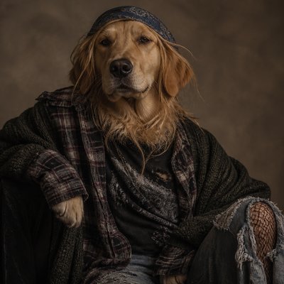 portrait of a golden retriever wearing a blue bandana, warm plain backdrop, no text