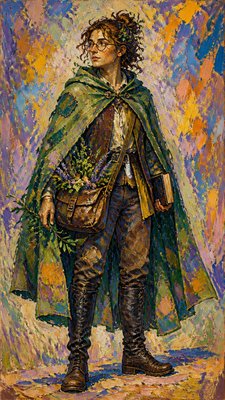 full-body original character: a wandering botanist with a satchel of plants, a patched green cloak, tall boots and round glasses, neutral background