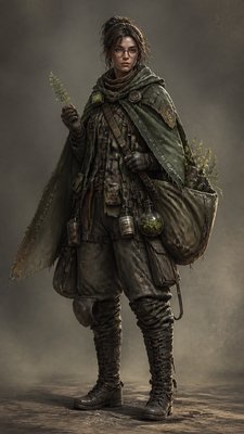 full-body original character: a wandering botanist with a satchel of plants, a patched green cloak, tall boots and round glasses, neutral background