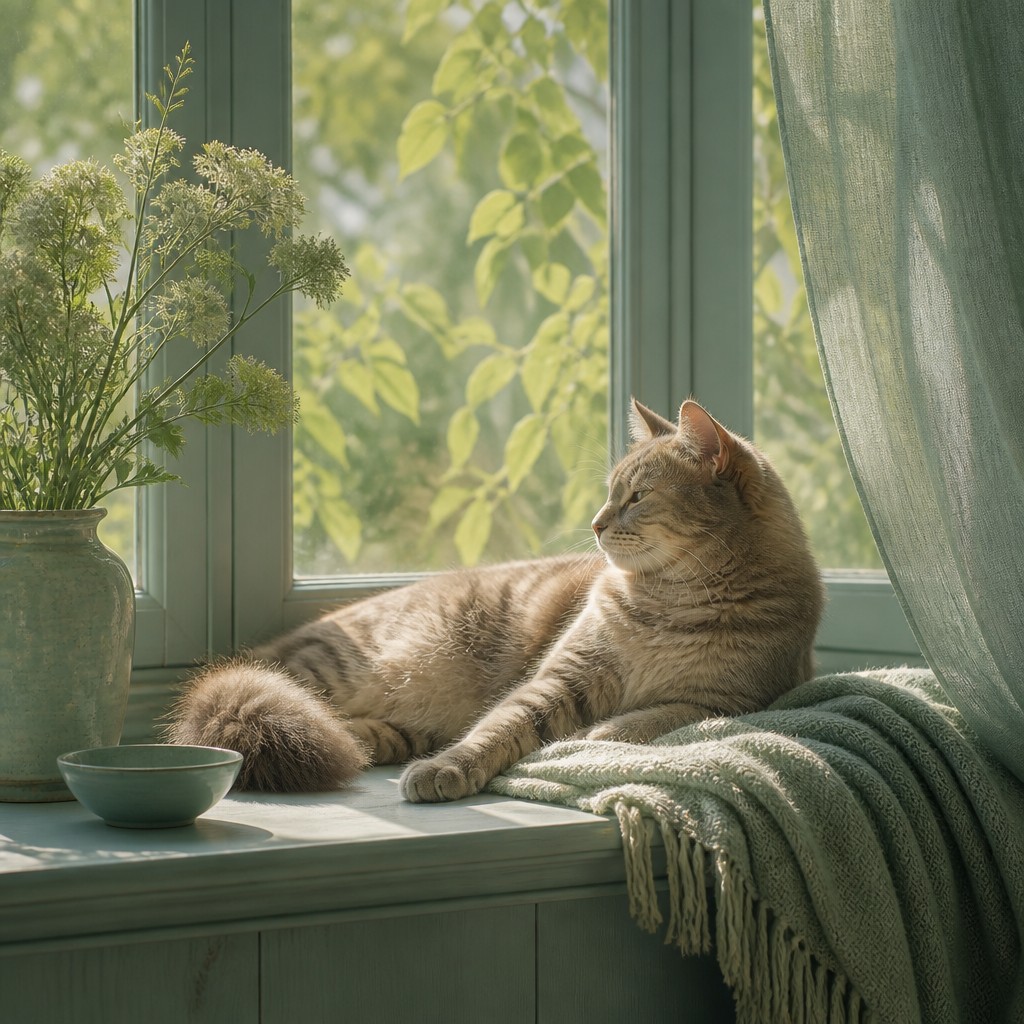 a cat lounging in a sunlit window — Color Harmony Art Style