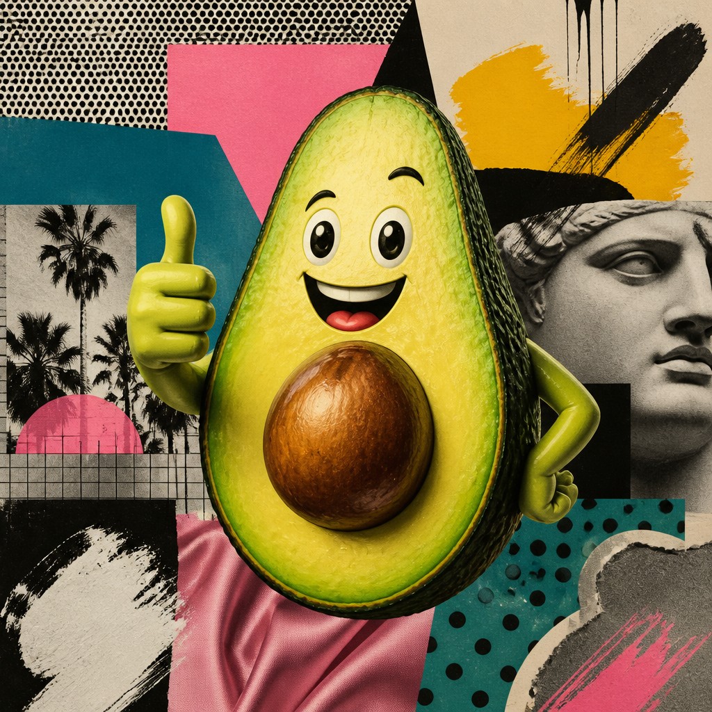 a happy avocado character giving a thumbs up, bold readable design on a plain background, no text