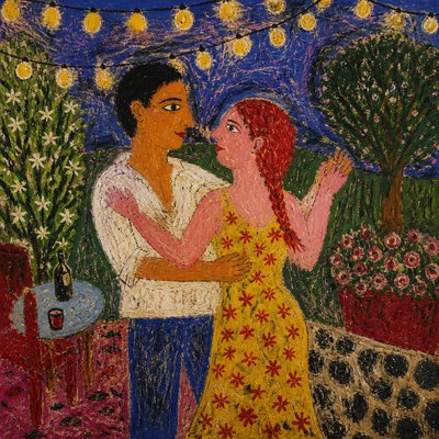 an original couple dancing under string lights in a garden at dusk: a man with short black hair in a linen shirt and a woman with braided red hair in a summer dress