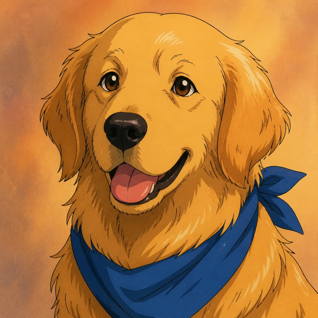 portrait of a golden retriever wearing a blue bandana, warm plain backdrop, no text