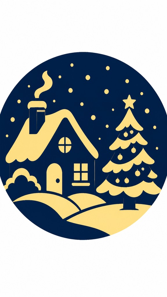 a snow-covered cottage with warm glowing windows beside a decorated pine tree, gentle snowfall, no text