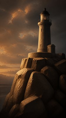 a lone lighthouse on a cliff at dusk under a dramatic sky, no text or lettering