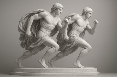 a statue of two men running next to each other