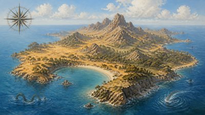 a map of an island realm with mountains, forests, a sheltered bay, sea monsters in the water and a compass rose, no text labels