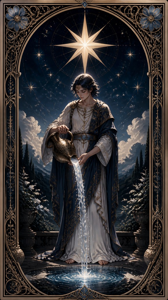 a robed figure pouring water beneath a large eight-pointed star in a night sky, symmetrical composition with an ornate decorative border, no text