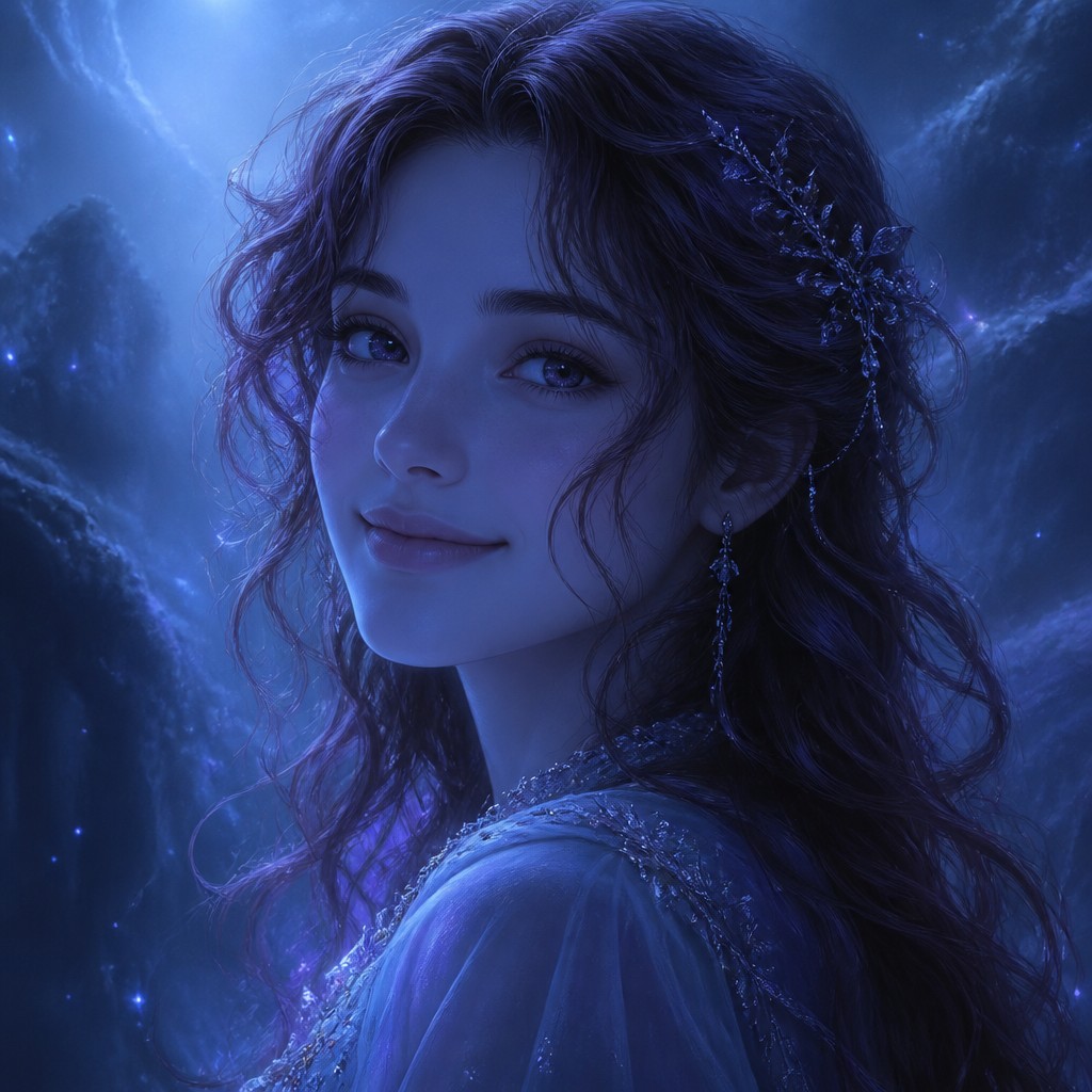 head-and-shoulders portrait of an original character: a young woman with wavy chestnut hair and a warm smile, plain soft backdrop