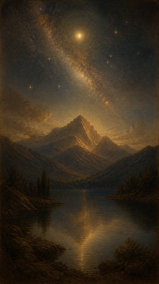 a tranquil mountain lake beneath a starry night sky, no people, no text