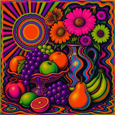 still life arrangement of fruits and flowers
