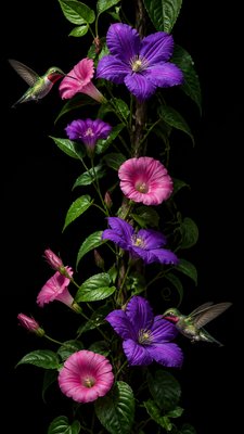 a climbing vine of flowers and hummingbirds on a dark background, tall wrapping composition, no text