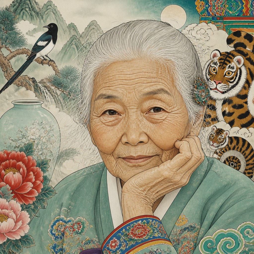 close-up portrait of an elderly person with expressive weathered features — Korean Art Style