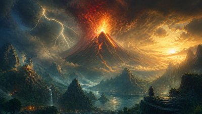 an erupting volcano with lightning strikes, dramatic wide composition, no text