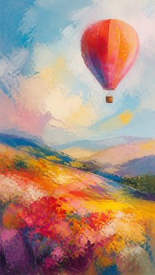 a hot air balloon drifting over rolling flower fields on a sunny day, cheerful, no text