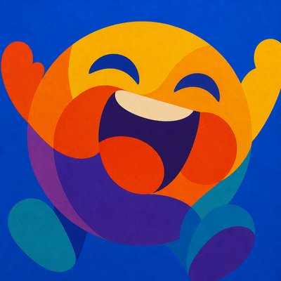 an exaggerated laughing face of an original round mascot character, bold and readable at small size, plain background, no text