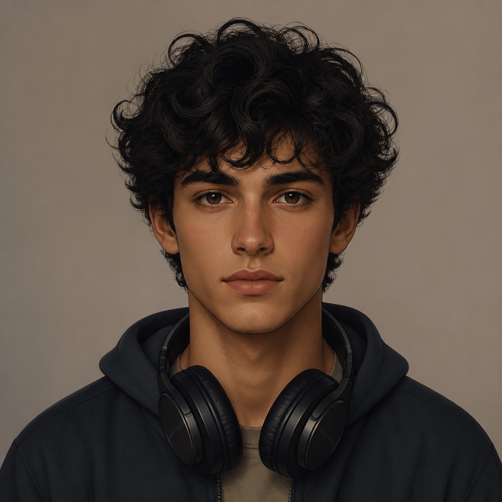 head-and-shoulders portrait of an original character: a young man with curly dark hair and headphones around his neck, plain backdrop, no text