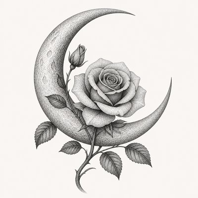 a rose entwined with a crescent moon, clean balanced composition on a plain background, no text