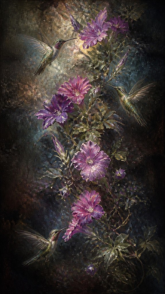 a climbing vine of flowers and hummingbirds on a dark background, tall wrapping composition, no text