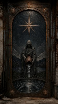 a robed figure pouring water beneath a large eight-pointed star in a night sky, symmetrical composition with an ornate decorative border, no text