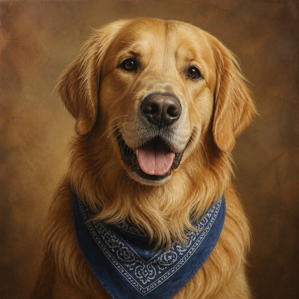 portrait of a golden retriever wearing a blue bandana, warm plain backdrop, no text