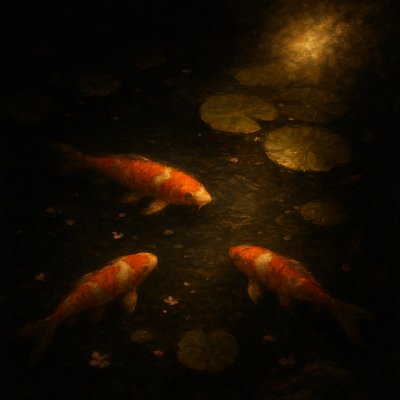 A koi pond seen from above, orange and white koi fish swimming among lily pads, clear water with subtle ripples, fallen cherry blossom petals floating on the surface, dappled sunlight