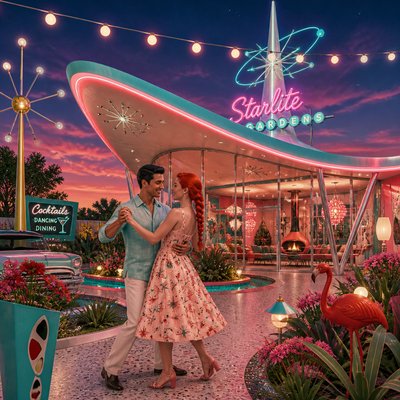 an original couple dancing under string lights in a garden at dusk: a man with short black hair in a linen shirt and a woman with braided red hair in a summer dress