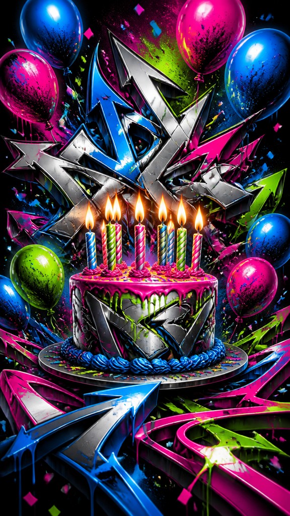a birthday cake with lit candles surrounded by balloons and confetti, festive vertical composition, no text