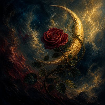 a rose entwined with a crescent moon, clean balanced composition on a plain background, no text