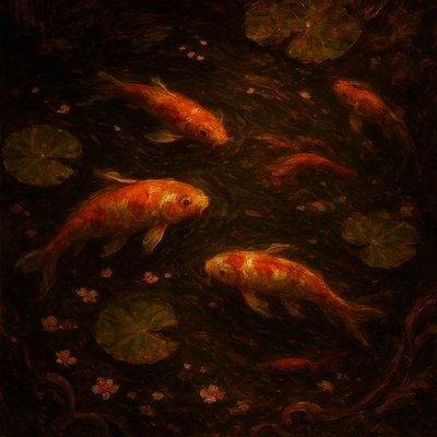 A koi pond seen from above, orange and white koi fish swimming among lily pads, clear water with subtle ripples, fallen cherry blossom petals floating on the surface, dappled sunlight